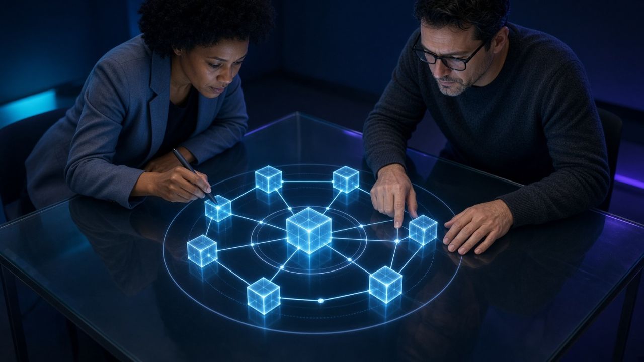 Two engineers reviewing a service dependency map displayed over a glass table